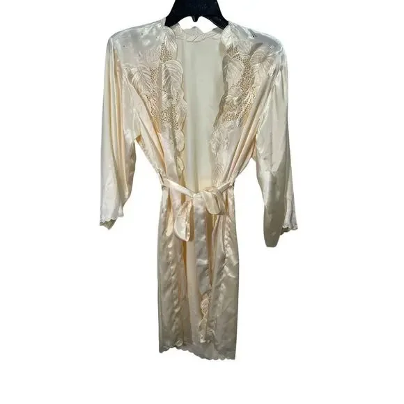 Ivory Satin Womens Scalloped Hem Leaf Pattern Eyelet Lace Collar Robe Size Large - Picture 3 of 5